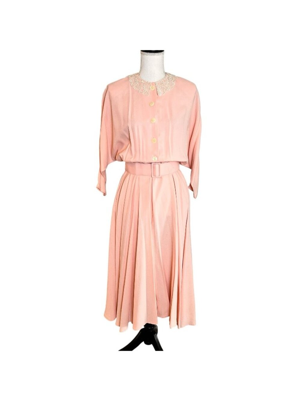 Vtg 80s All That Jazz Pink Blouson Midi Dress Lace Collar Pleated Belted Medium